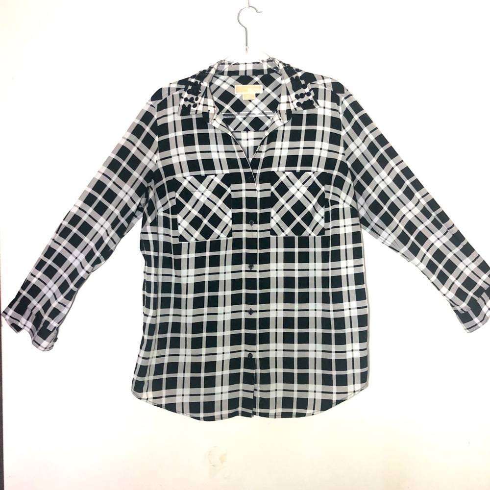 Michael Kors Blouse Plaid Rhinestone Size 0X Sheer Button Up Sleeves Western - Picture 1 of 10